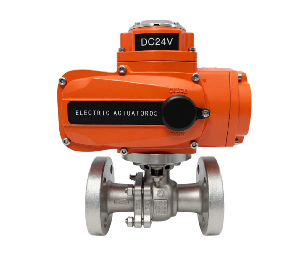 Bautu DC 24V electric actuated stainless steel SS316L flanged ball valve Q941F-16P-DC24V with IP67 orange actuator and manual override handwheel, DN25 to DN200, PN16 Class 150