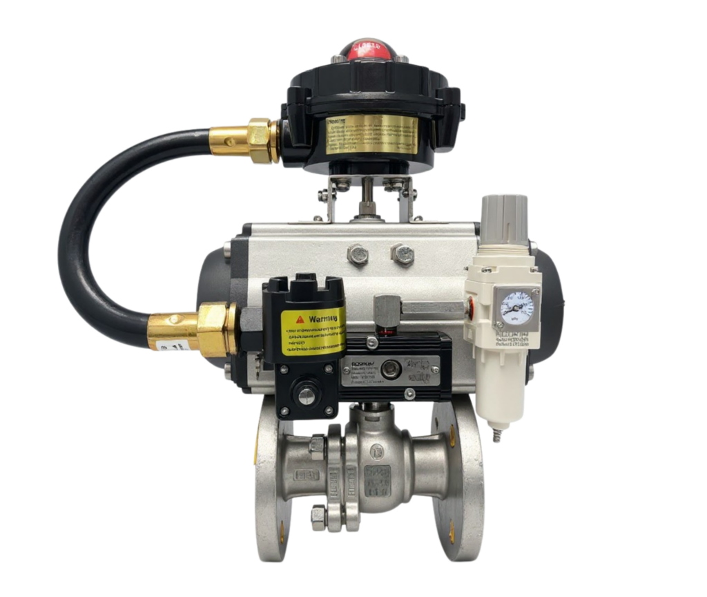 Bautu pneumatic actuated stainless steel SS316L flanged ball valve Q647F-16P with rack and pinion actuator, limit switch box and filter regulator, DN25 to DN200, PN16 Class 150