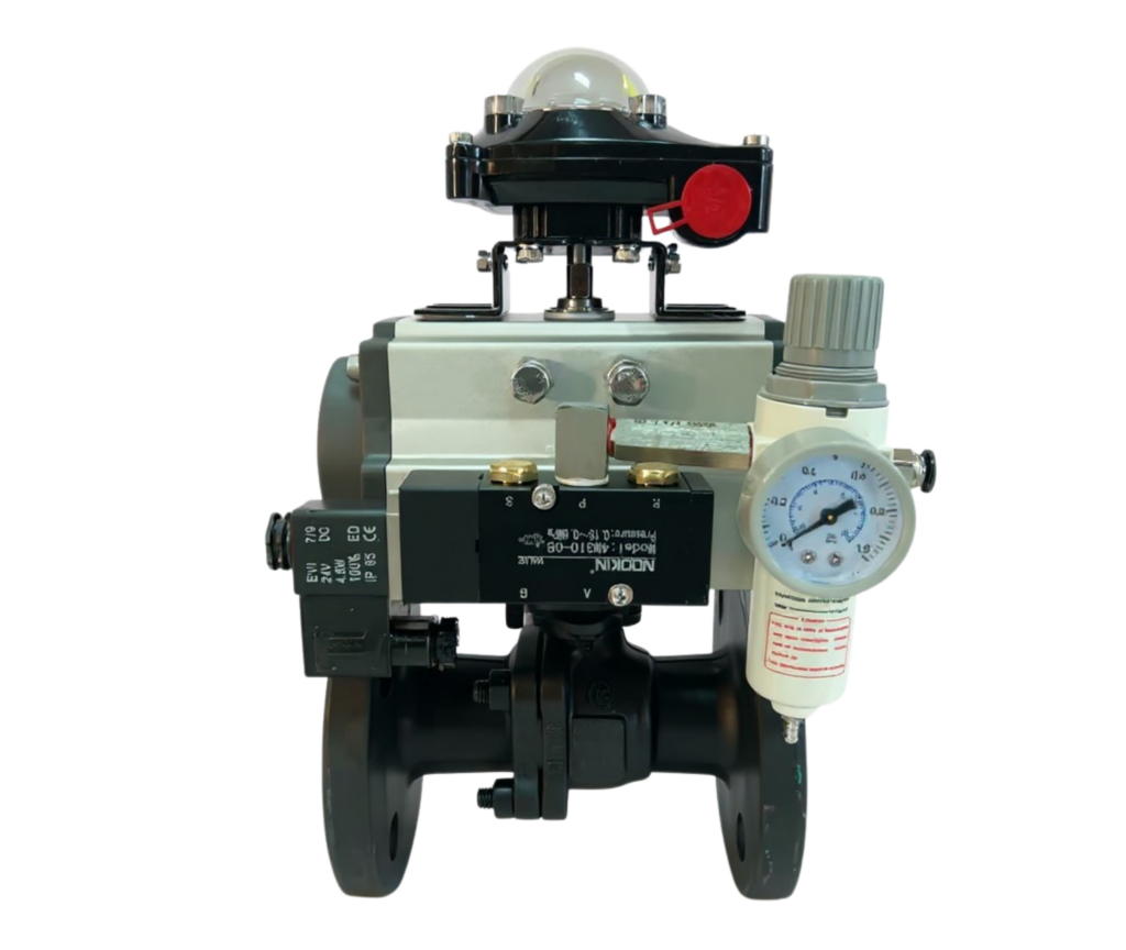 Bautu pneumatic carbon steel WCB flanged ball valve Q647F-16C-SOL with NOOKIN 4M310-08 solenoid valve and filter regulator, DN25 to DN300, PN16 Class 150