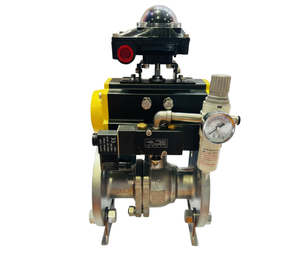 Bautu pneumatic SS316L flanged ball valve Q647F-16P-SOL with integrated 5/2-way solenoid valve, position indicator, filter regulator and galvanised bracket, DN25 to DN200, PN16