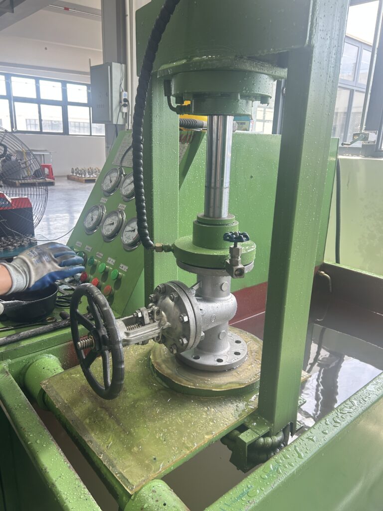 Gate valve clamped in the hydraulic test bench