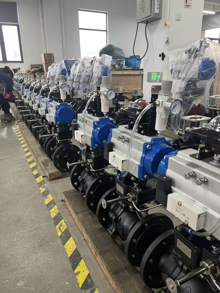 Actuated ball valves lined up in the BAUTU assembly hall