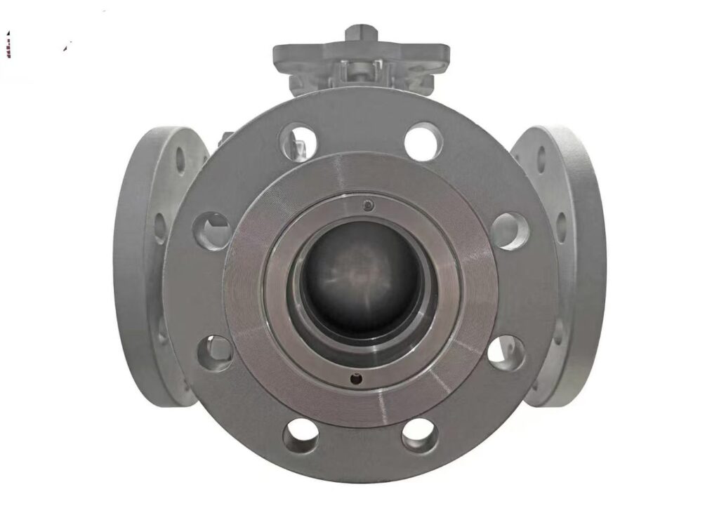 View into the port of a 3-way fixed ball valve showing the ball and seat
