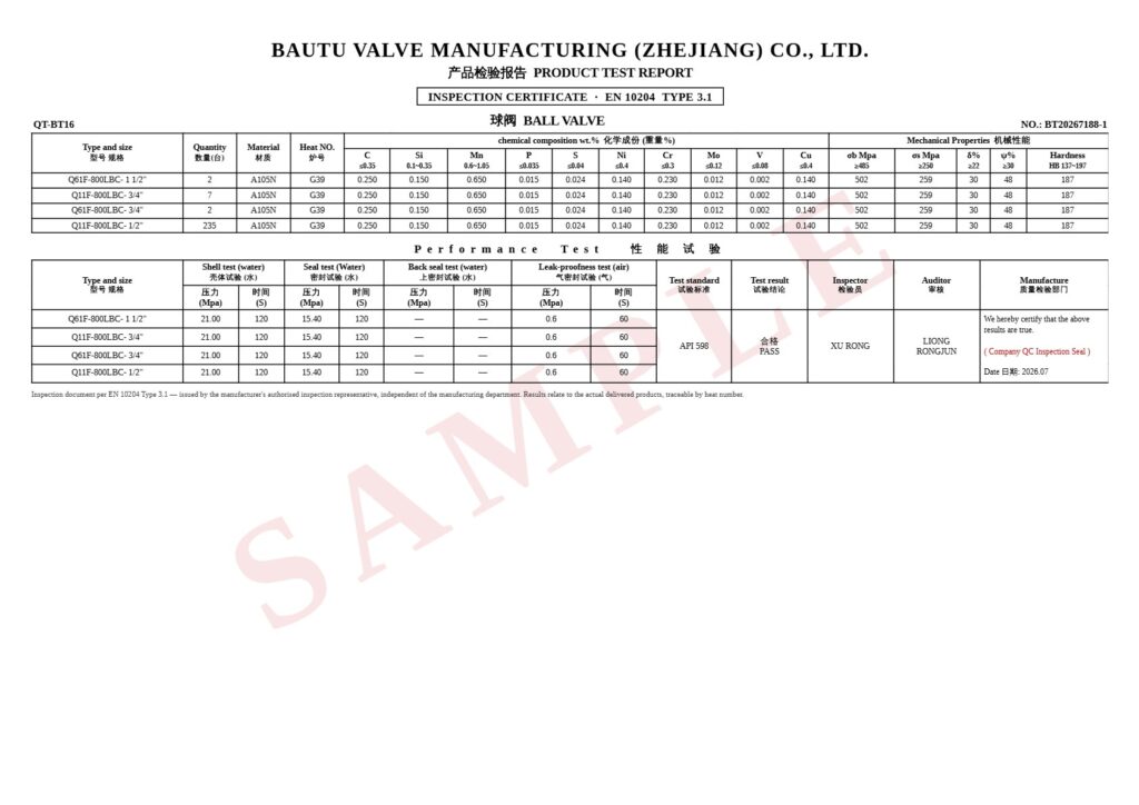 BAUTU ball valve mill test certificate, EN 10204 type 3.1 sample with heat number, chemical composition and mechanical properties