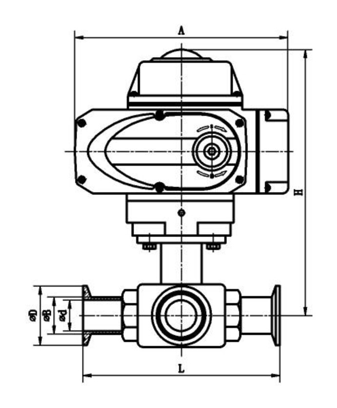 Dimension drawing of the electric 3-way sanitary tri-clamp ball valve