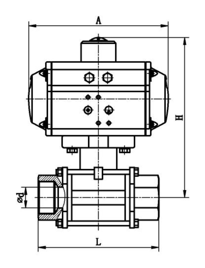 Dimension drawing of the Q611F pneumatic threaded ball valve