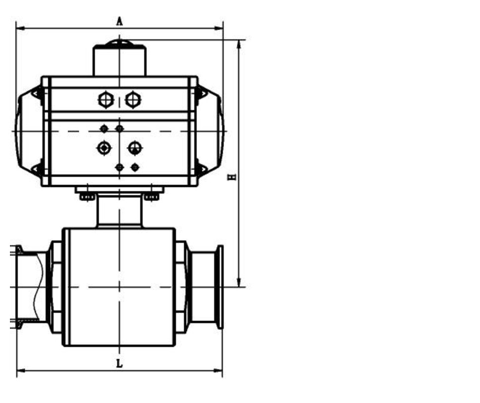 Dimension drawing of the Q681F pneumatic sanitary tri-clamp ball valve
