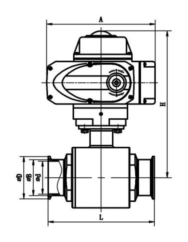 Dimension drawing of the Q981F electric sanitary tri-clamp ball valve